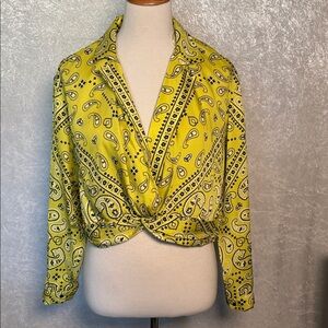 Zara Yellow Paisley Women's Faux wrap long sleeves cropped Top size M
